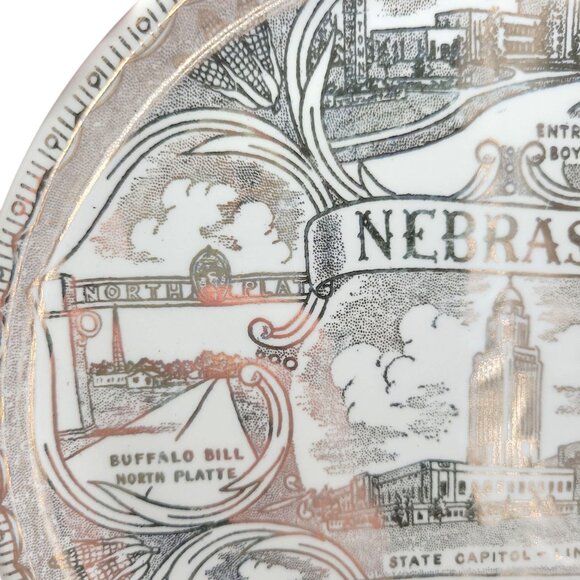 Vintage Nebraska Souvenir Plate 9" With State Capitol & Landmarks In Brow & Gold - Picture 5 of 15
